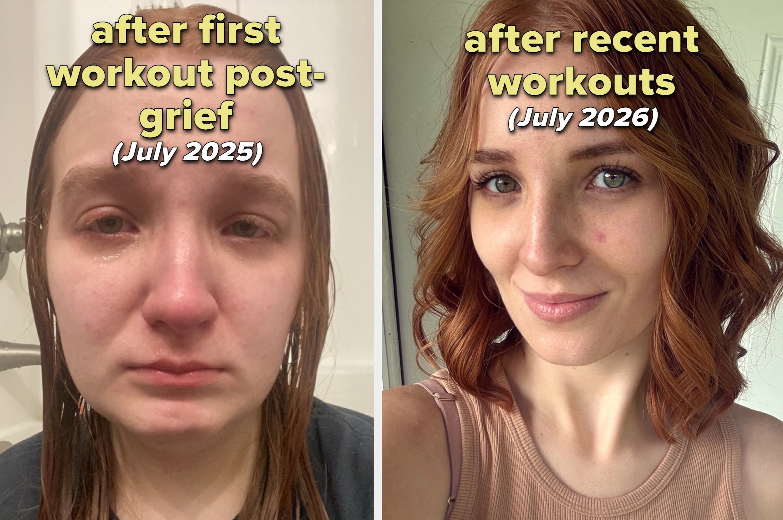 Two side-by-side photos show a person's transformation after workouts: left, sad and teary-eyed; right, smiling and confident