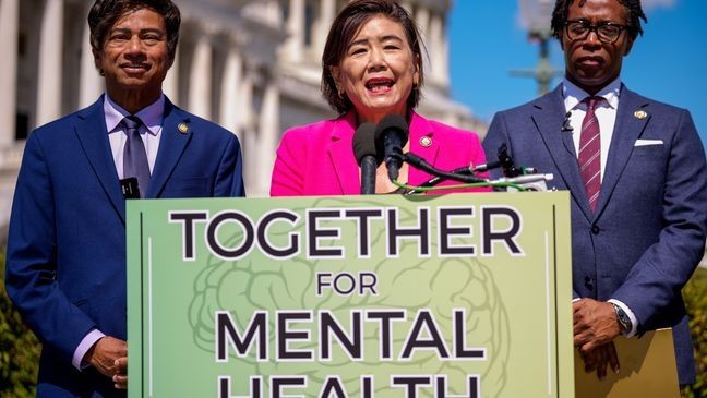 WASHINGTON, DC - SEPTEMBER 9: Rep. Judy Chu (D-CA), accompanied by Rep. Shri Thanedar (D-MI) (L) and Rep. Wesley Bell (D-MO), speaks during a news conference outside the U.S. Capitol Building on September 9, 2025 in Washington, DC. The officials discussed the nation's ongoing mental health crisis, recognizing September as Suicide Prevention Month and September 8th as 988 Day to highlight the lifesaving crisis hotline. (Photo by Andrew Harnik/Getty Images)