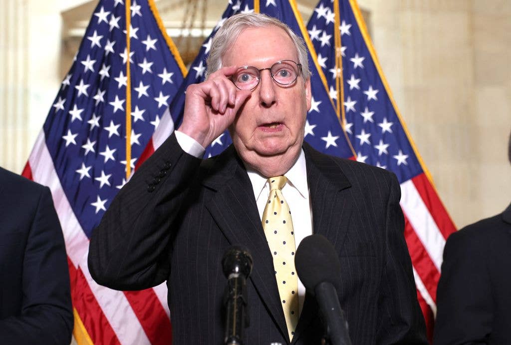 Senate Minority Leader Mitch McConnell (R-KY) speaks following a Senate Republican Policy luncheon in 2021