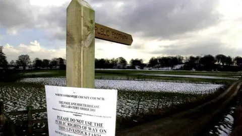 PA Media A public footpath sign in North Yorkshire asking people not to use the public right of way on a farm.