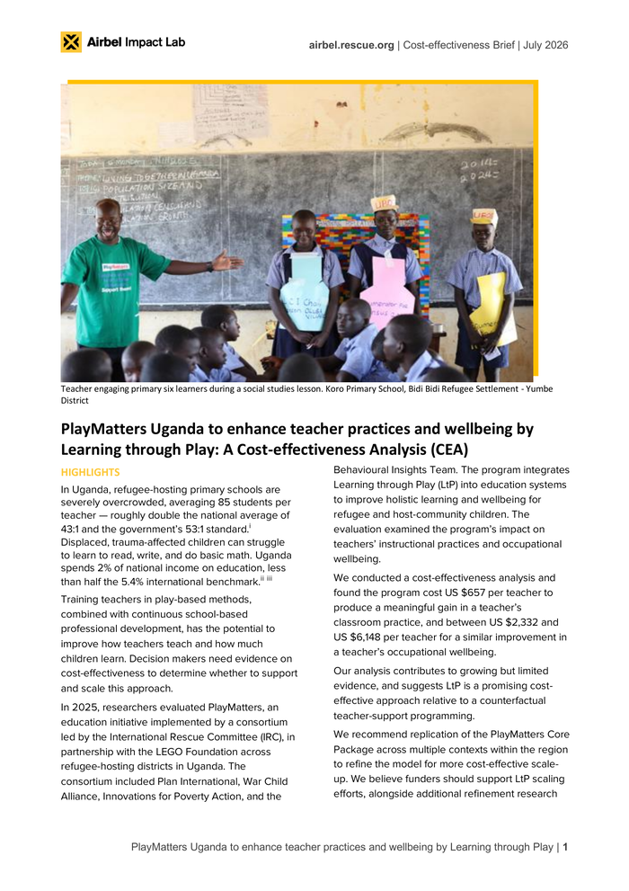 PlayMatters Uganda to enhance teacher practices and wellbeing by Learning through Play: A Cost-effectiveness Analysis (CEA), July 2026 PlayMatters Uganda to enhance teacher practices and wellbeing by Learning through Play: A Cost-effectiveness Analysis (CEA), July 2026