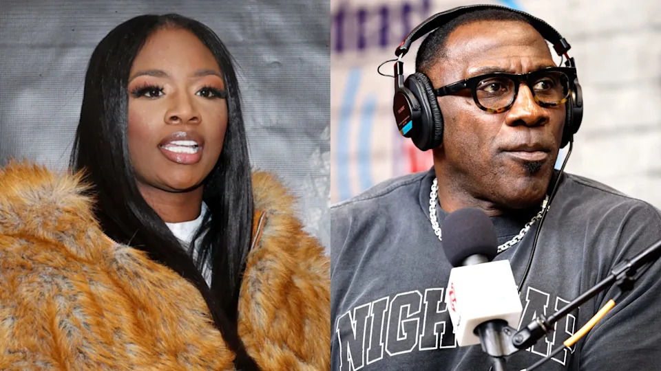 Split image. Left: Claressa Shields in a fur coat. Right: Shannon Sharpe with headphones and glasses speaking into a microphone on the right.