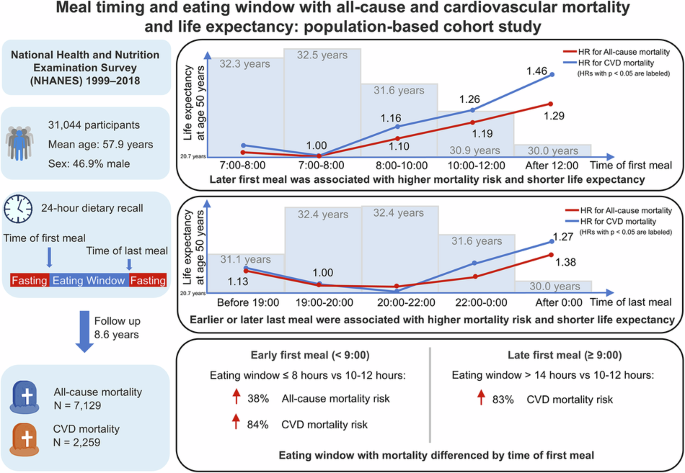 Meal timing and eating window with all-cause and cardiovascular mortality and life expectancy: population-based cohort study Meal timing and eating window with all-cause and cardiovascular mortality and life expectancy: population-based cohort study