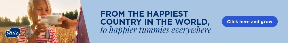 Banner featuring a child drinking milk with the CTA button on the right side
