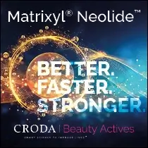Promotional graphic for Matrixyl® Neolide™ featuring a glowing molecular ring and the text “Better. Faster. Stronger.” with Croda Beauty Actives branding.