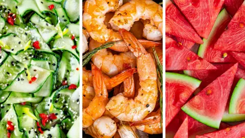 Getty Three-way split of foods. First pic is cucumber, second is prawns and third is watermelon