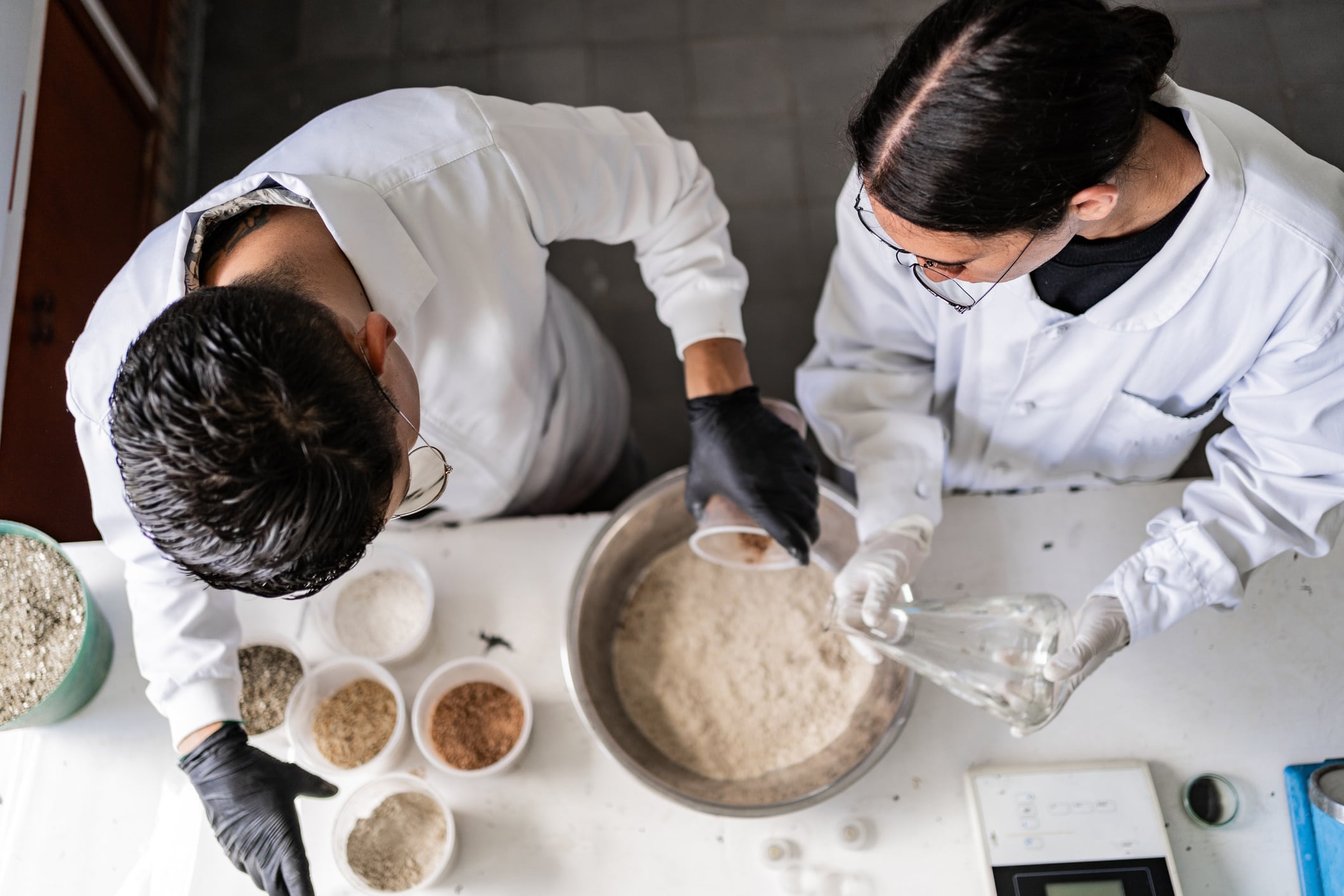 High angle view of food scientists in a laboratory
