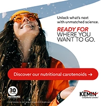 Smiling woman wearing orange sunglasses looks upward as water splashes around her beside promotional text about nutritional carotenoids from Kemin.