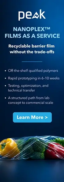 Peak NanoPlex™ Films as a Service advertisement featuring recyclable barrier film packaging around fresh vegetables, highlighting rapid prototyping and commercial-scale development.