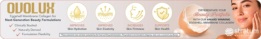 OVOLUX eggshell membrane collagen banner highlighting clinically studied beauty formulation benefits, including improved skin hydration, elasticity, firmness, and healthy skin support.