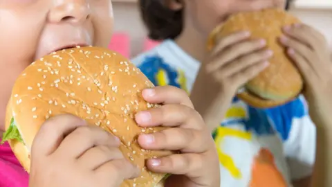 Getty Images Two young children eating burgers in sesame-seeded buns. The children’s full faces are cropped out. Both children are holding the burgers with both hands. One child has a pink top on, and the other has a white top with blue, yellow and orange markings on.