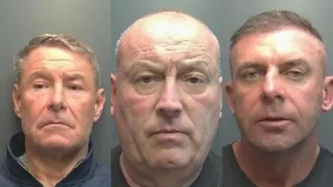 Hertfordshire Police Compiled custody photos of three men looking directly at the camera.
The man on the left has brown hair and a side hair parting to the left and is wearing a grey quarter zip.
The man in the middle is wearing a grey shirt but the image is mainly a close up of his face.
The final man on the right has brown hair combed to the left.
He is also wearing a grey shirt.