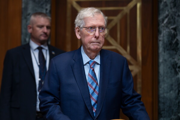 Sen. Mitch McConnell, R-Ky., arrives for a hearing at the Capitol in Washington, Tuesday, May 19, 2026. (AP Photo/J. Scott Applewhite, File)
