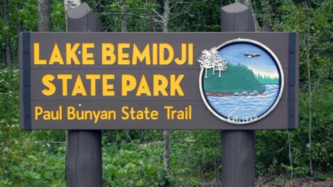 Lake Bemidji State Park sign with green foliage in the background. Est. 1923.