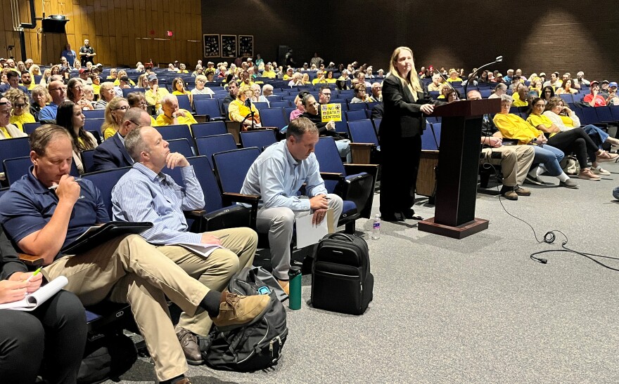 Attorney Megan Haines questions Michael Cork, Ph.D, a public health expert, during a data center hearing in Archbald.