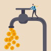 Cash flow, making profit from business or earning from stock investment concept, wealthy businessman business owner or investor opening water tap to let gold dollar coins money flowing out.