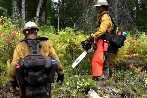 Two members of a handcrew assisting with containing a wildfire.
