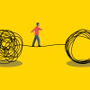 Solution problem concept. Man walking on tightrope. Life coaching, transformation idea. Brainstorming in business. Vector illustration