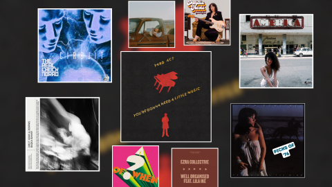 Artwork for five albums and four singles in white frames over a black background.
