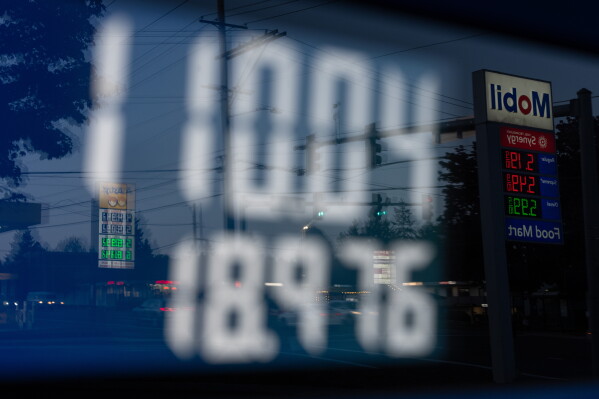 A display shows $110.04 for gasoline on a fuel pump at a Mobil gas station on Wednesday, April 29, 2026, in Portland, Ore. (AP Photo/Jenny Kane, File)