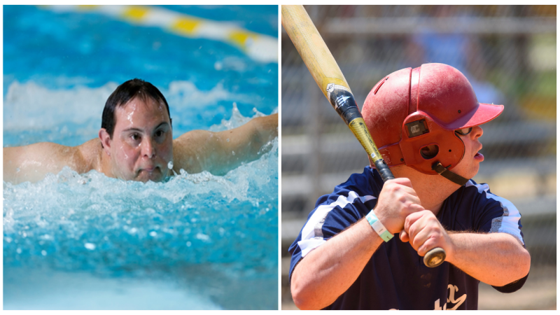 A two-photo collage shows a man participating in swimming and softball.