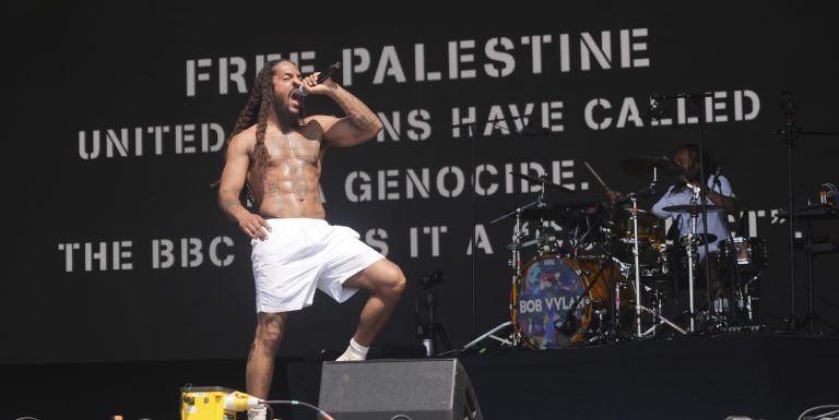 Bob Vylan performing on the West Holts stage during the Glastonbury Festival at Worthy Farm in Somerset on Saturday June 28, 2025.