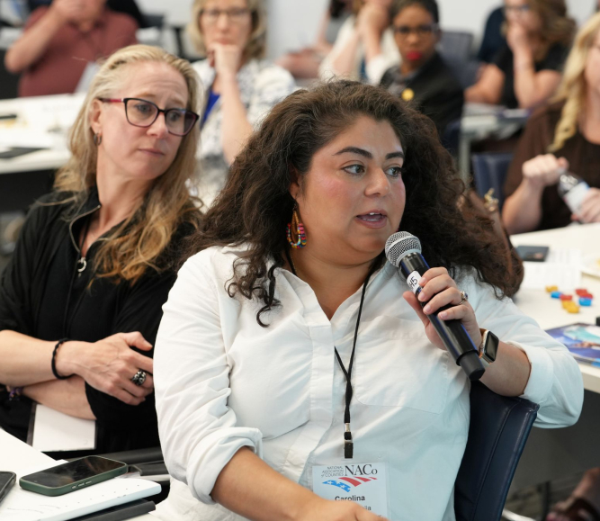 Thurston County, Wash. Commissioner Carolina Mejia answers a question during NACo’s Public Health Leadership Academy June 4 in Washington, D.C. To her right is Dr. Jen Freiheit, director of the Thurston County Public Health and Social Services Department. Photo by Charlie Ban