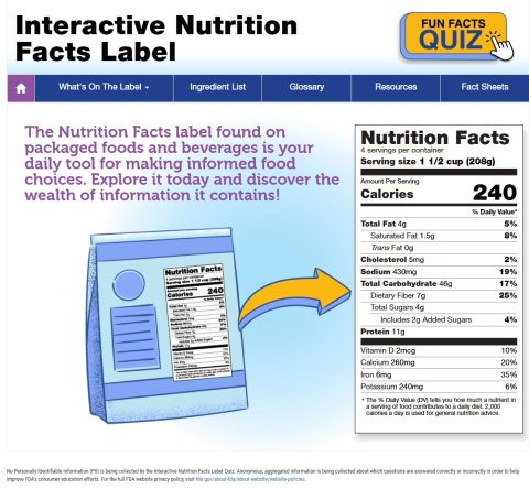 screenshot of FDA interactive nutrition facts label tool