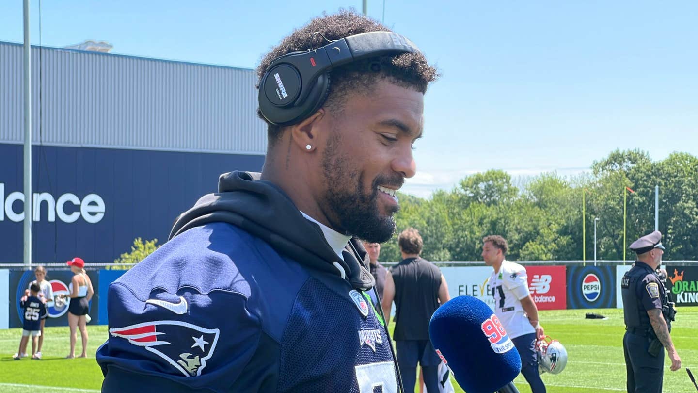 New England Patriots edge rusher Dre'Mont Jones talks with 98.5 The Sports Hub after a training camp practice on July 26, 2026.