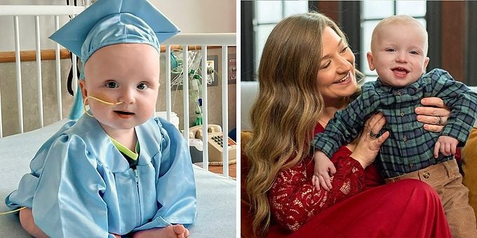 collage of two images. Image of a baby wearing graduation cap and gown on the left; image of a mother holding her baby at home on the right
