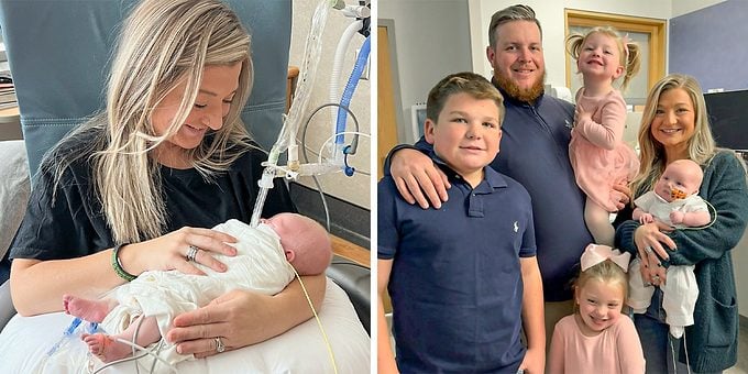 collage of two images. Image of a mother holding a newborn baby on the left; image of a family posing for a picture on the right