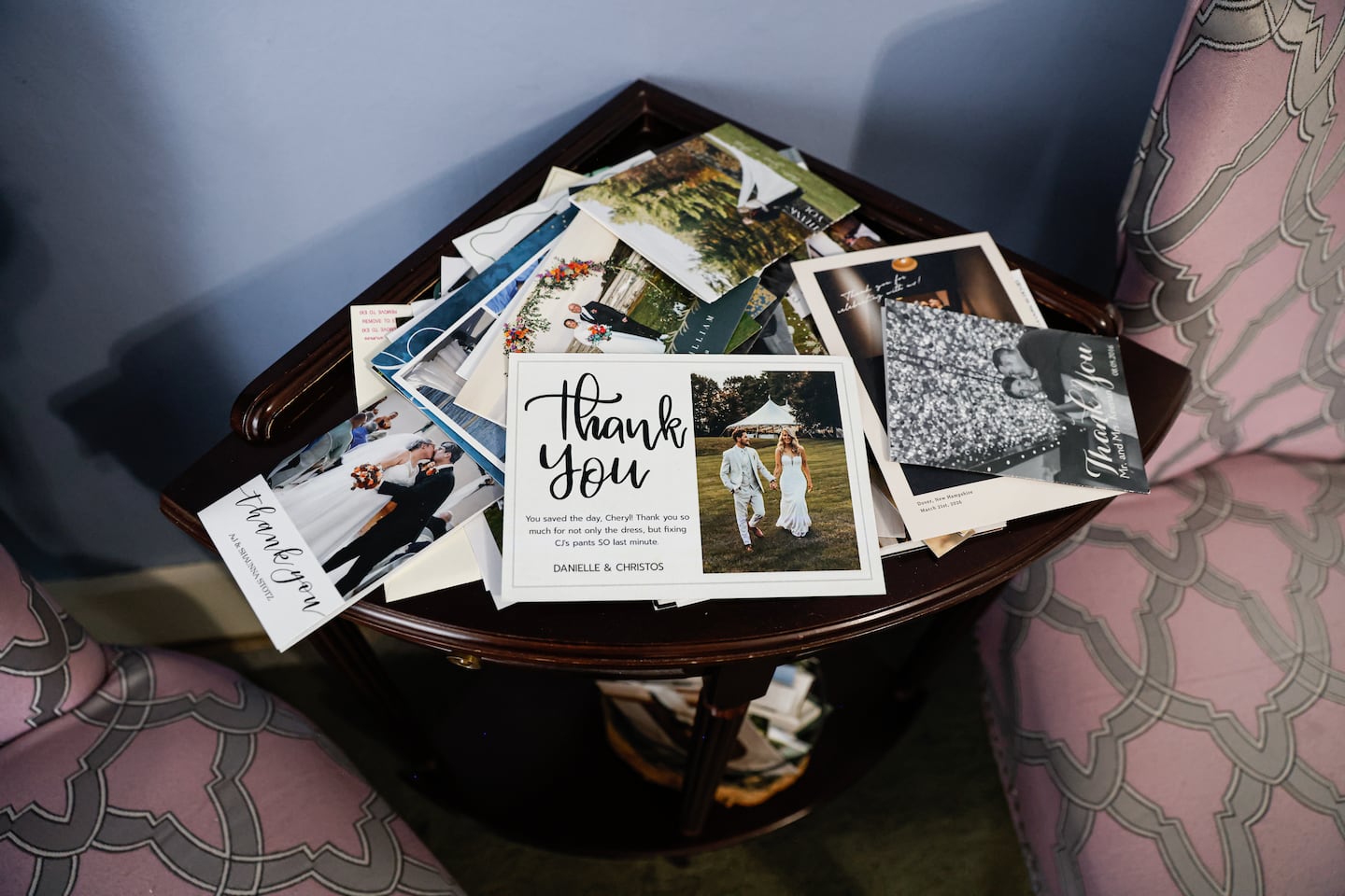 A pile of thank you cards from past brides were sent to seamstress Cheryl Jackson.