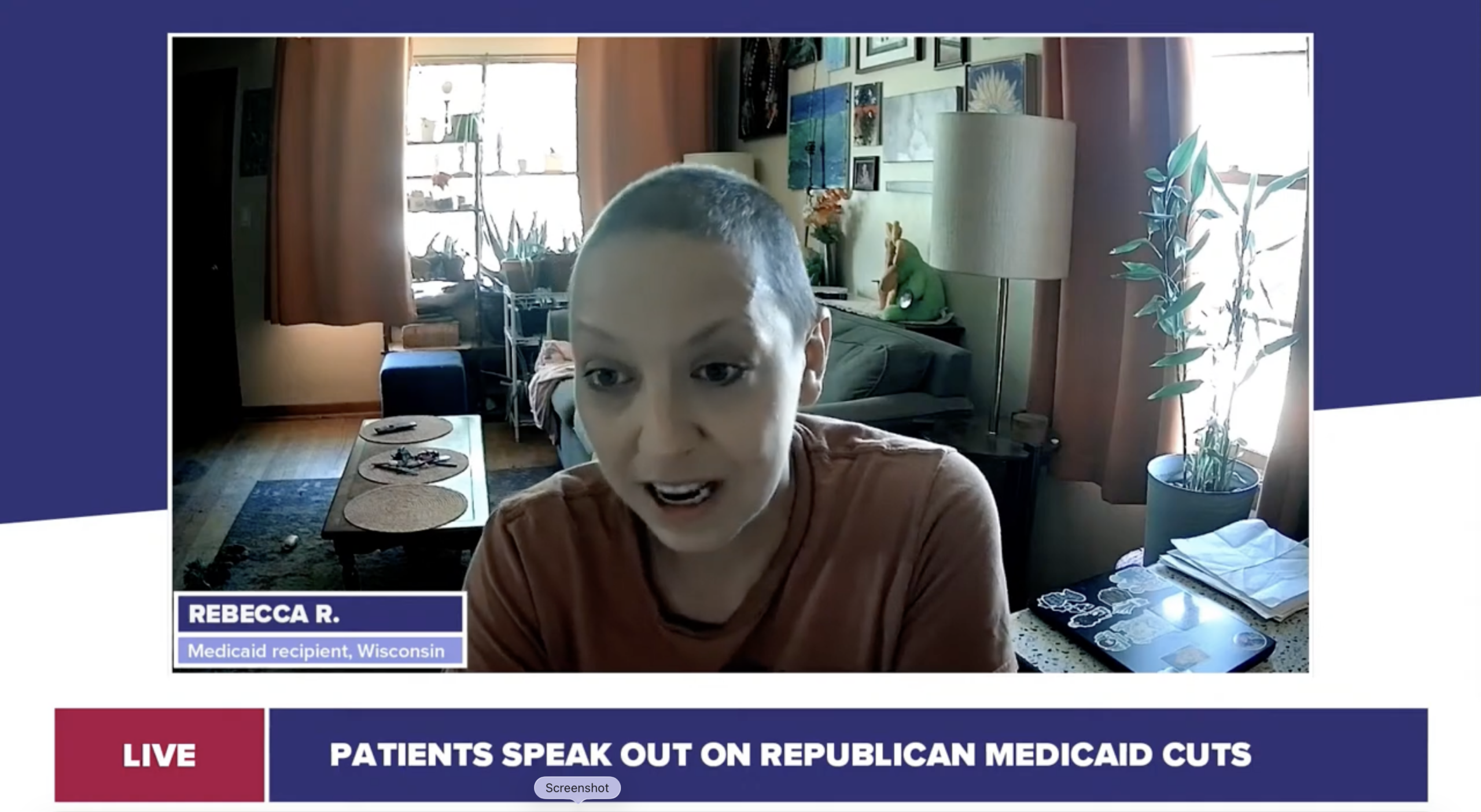 A woman with short hair sits in a home office, speaking on a video call about Medicaid cuts. Text overlay reads: Patients speak out on Republican Medicaid cuts..