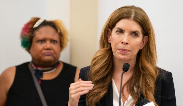 New York City Council Speaker Julie Menin (right) speaks during a press conference related to the Legionnaires' disease outbreak in the Upper East Side of Manhattan at Lenox Hill Hospital on Tuesday, July 21, 2026. (Barry Williams/ New York Daily News)