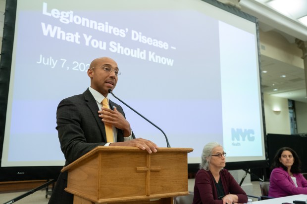 New York City Health Commissioner Dr. Alister Martin speaks at a town hall meeting concerning the Legionnaires Disease cluster at St. Igatius Loyola Catholic Church Tuesday, July 7, 2026 in New York, New York. (Barry Williams/ New York Daily News)