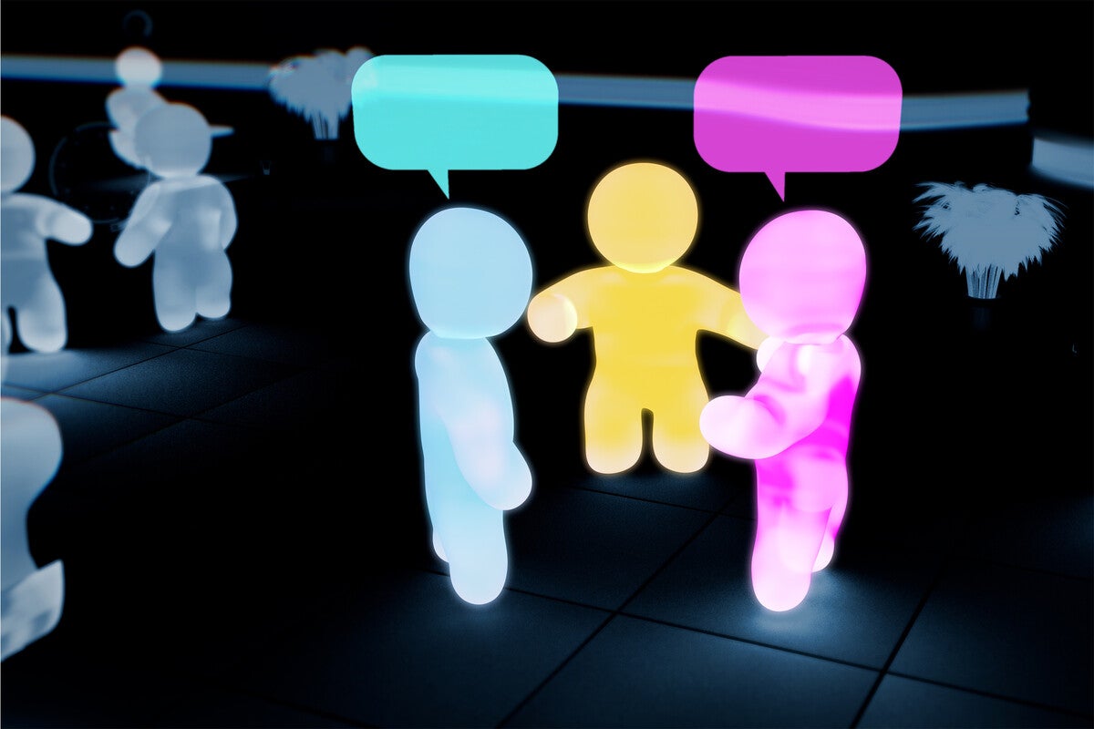 Illustration: Three colorful LLM avatars having a dialogue