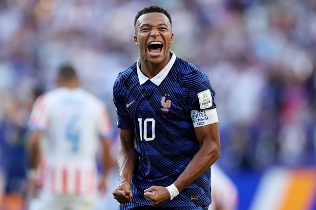 Kylian Mbappe #10 of France celebrates the team’s 1-0 victory in the FIFA World Cup 2026 Round of 16 match between Paraguay and France at Philadelphia Stadium on July 04, 2026 in Philadelphia, Pennsylvania.