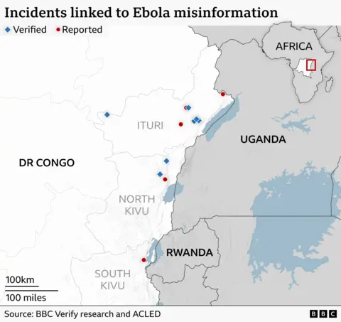 Map titled “Incidents linked to Ebola misinformation” showing the border region between eastern Democratic Republic of Congo, Uganda and Rwanda. Blue diamond symbols mark verified incidents and red circles mark reported incidents. The markers are clustered mainly in Ituri and North Kivu provinces of DR Congo, close to the Ugandan border, with a smaller number extending south towards South Kivu and the Rwanda border. A smaller map of Africa on the top-right corner highlights the location of the region in central-east Africa. Source: BBC Verify research and ACLED.
