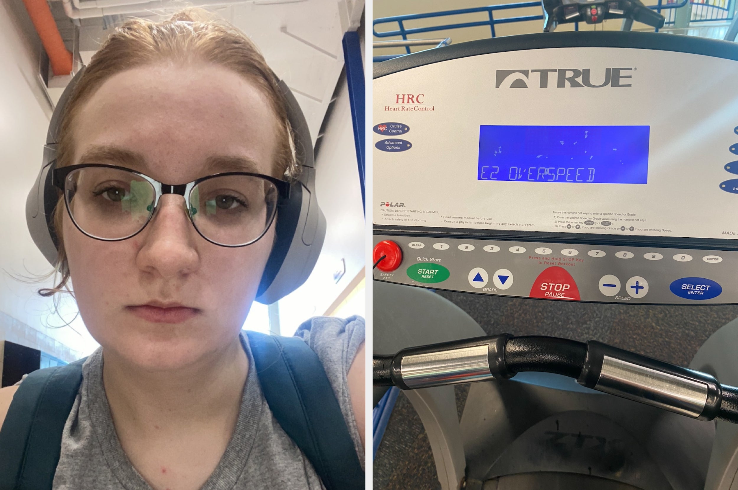 Person with headphones at the gym, looking tired. Treadmill screen displays speed settings