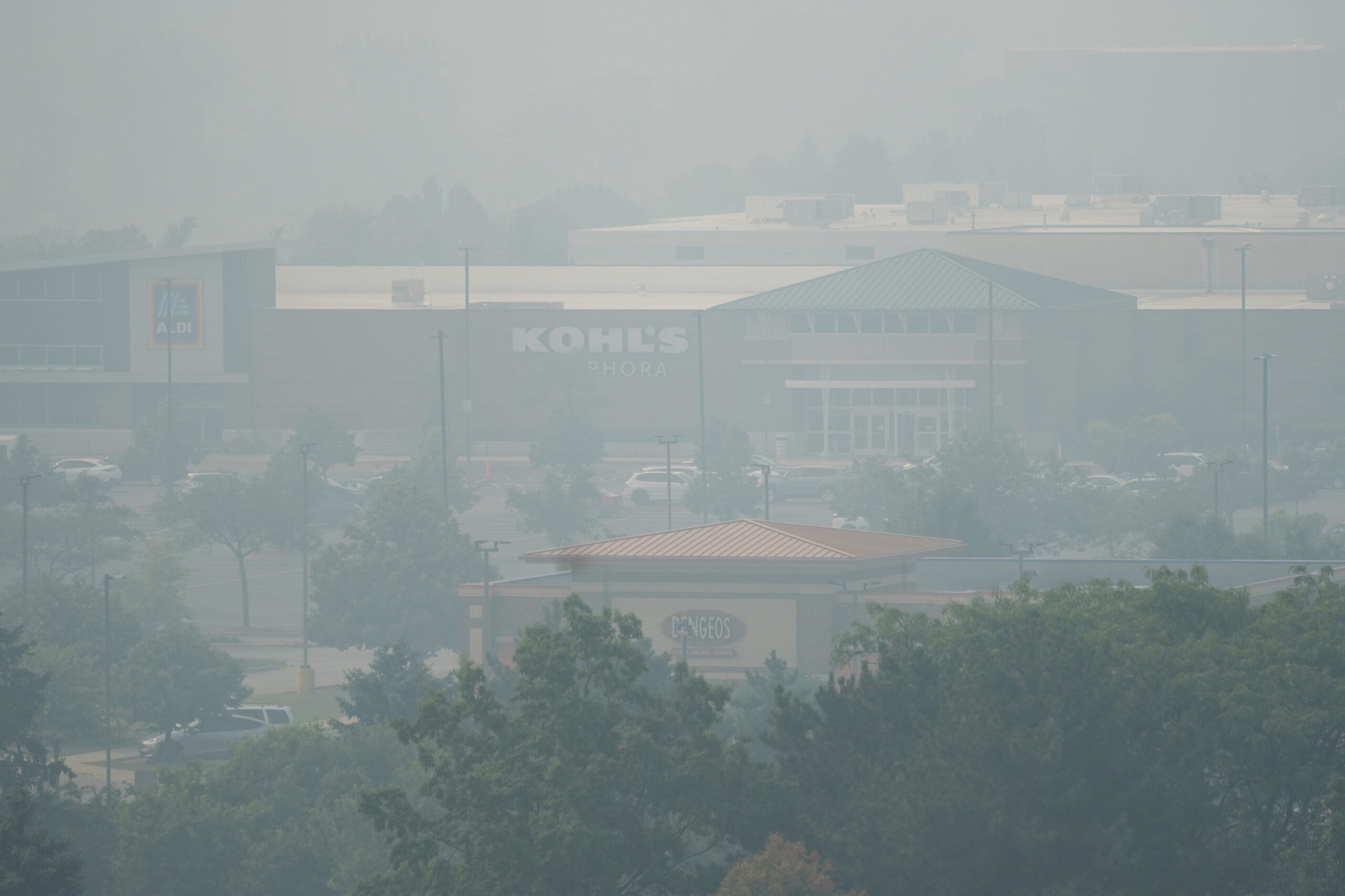 A general view of street mall during poor air quality due to dense smoke from Canadian wildfires in Northbrook, Ill., Thursday, July 16, 2026.