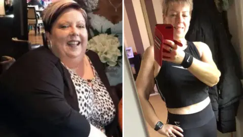 Lisa Halls Two images of Lisa Halls, one on the left when she was larger wearing a dress and cardigan and one on the right where is noticeably slimmer and posing in workout clothing.