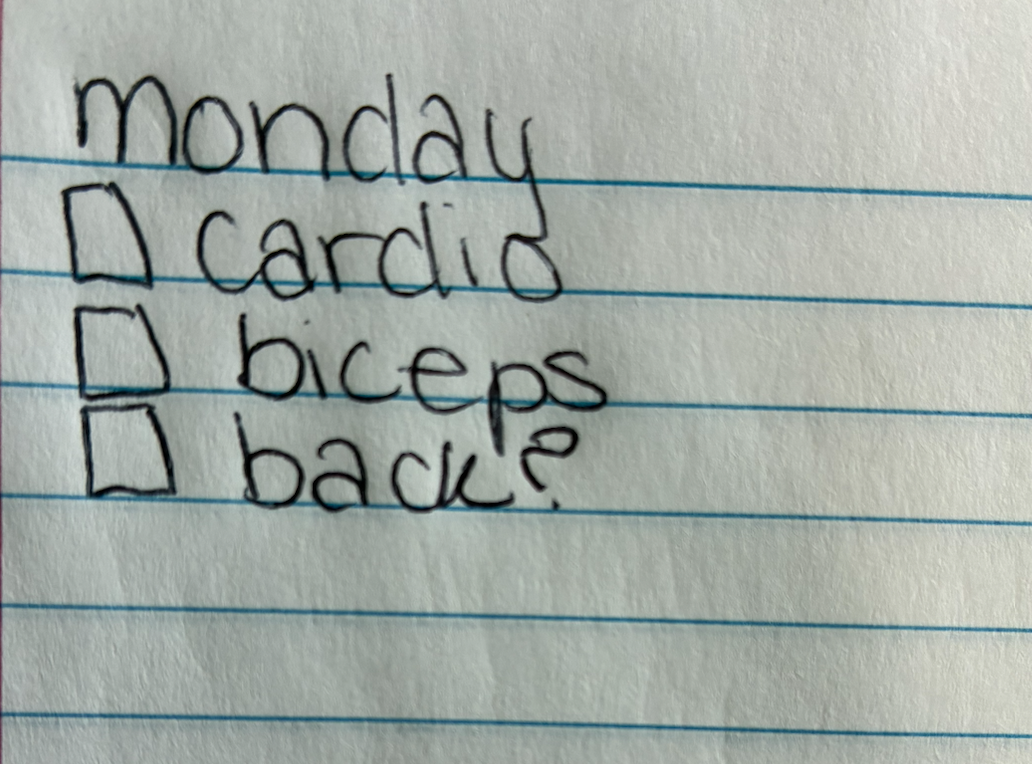 Handwritten workout checklist for Monday with items: cardio, biceps, and back, each with an unchecked box