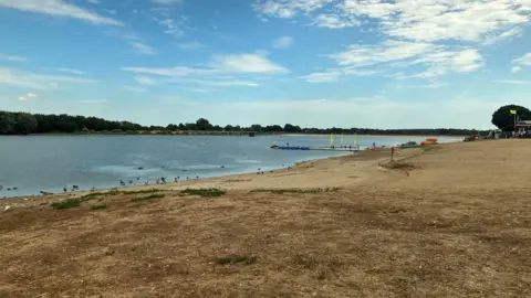 Richard Daniel/BBC Alton Water is bordered by dried vegetation and dusty ground. There are green trees on the other side of the lake.