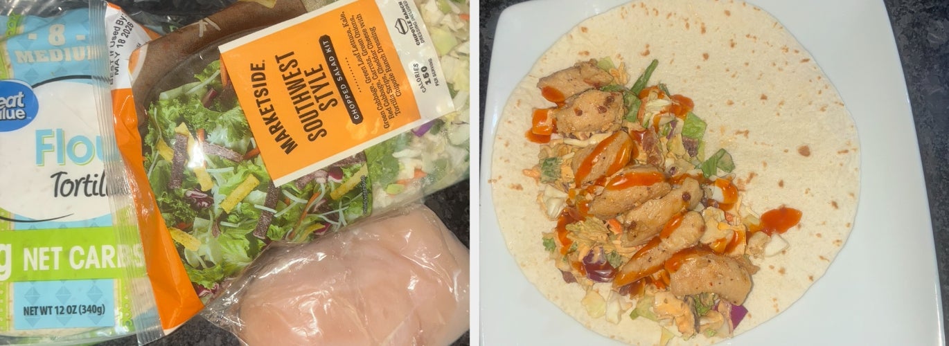 Package of tortillas, raw chicken, and salad mix next to a prepared wrap with cooked chicken, salad, and sauce