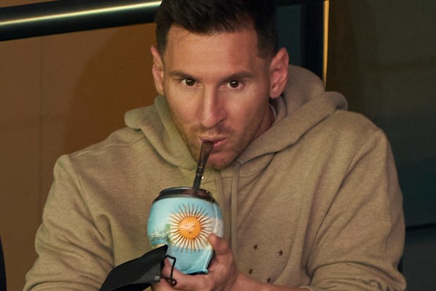 Lionel Messi drinks yerba during the Ligue 1 Uber Eats match between Paris Saint Germain and Clermont Foot at Parc des Princes on September 11, 2021 in Paris, France.