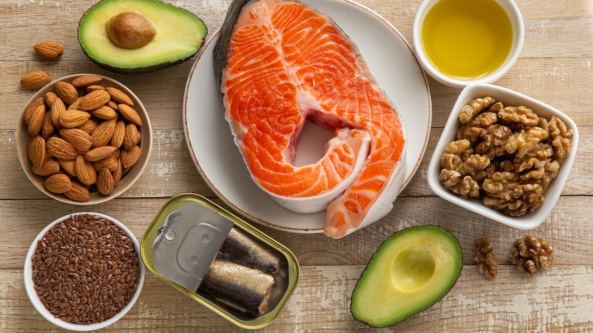 healthy foods with vitamin D and omega-3s, including salmon, almonds and avocado.