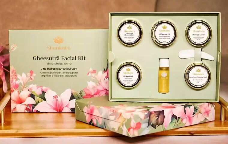 Shankara Gheesutra Facial Kit featuring six Ayurvedic skincare essentials for an at-home facial ritual.
