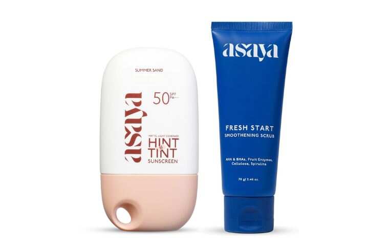 Asaya Hint of Tint SPF 50 Sunscreen and Fresh Start Smoothening Scrub for everyday skincare.