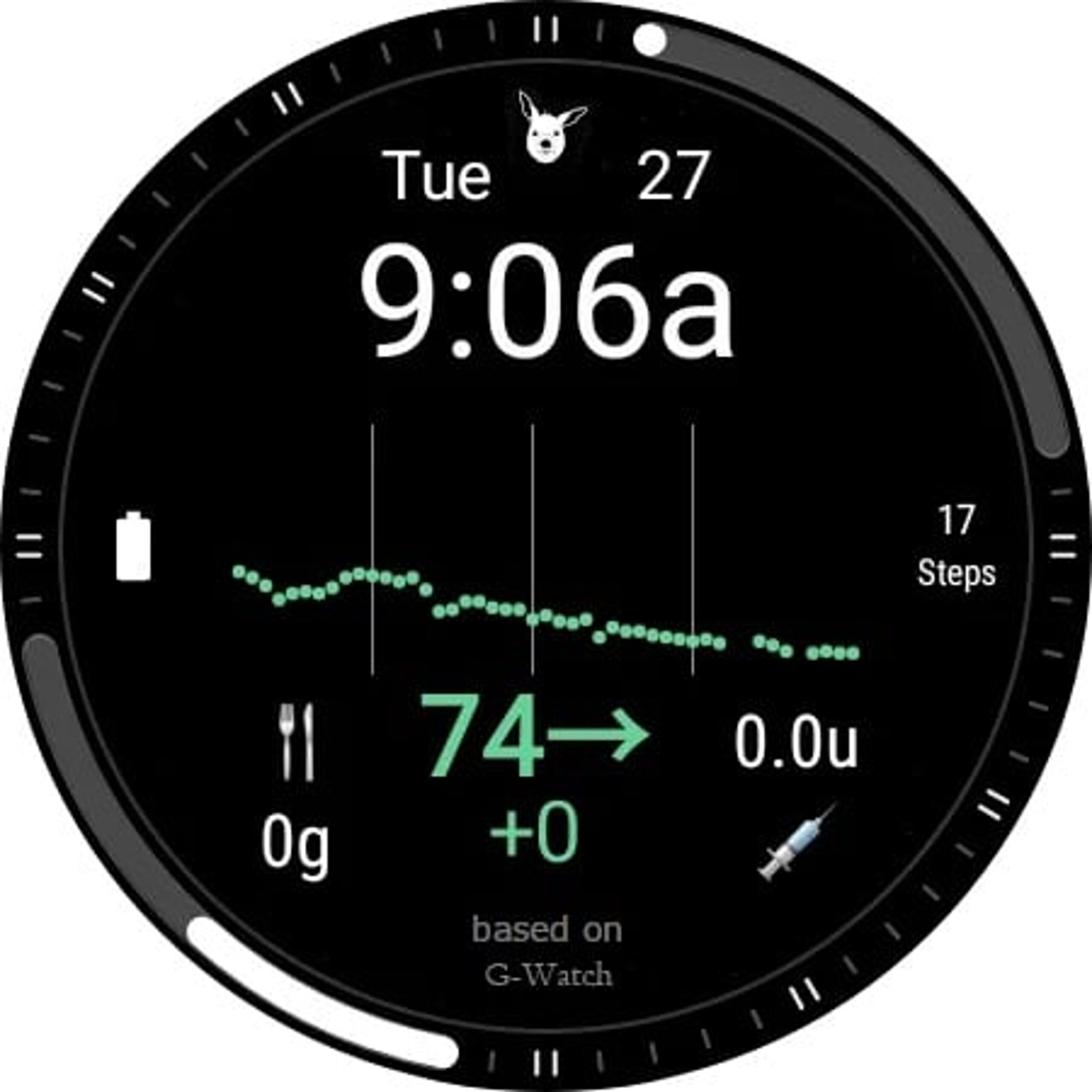 CGM reading appears via the Gluroo app on an Android watch