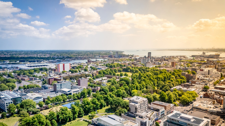 Drone view of the city of Southampton on the coast of England